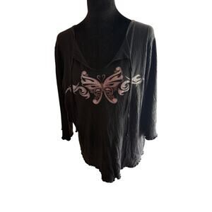 VTG Y2K Zoey Beth Plus Butterfly Graphic Top 1X Black Crinkle Gauze Whimsigoth